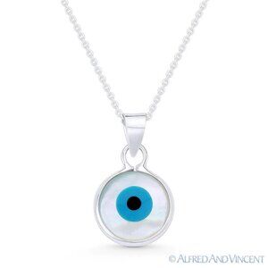 Evil Eye Charm Mother-of-Pearl & Enamel Pendant in .925 Sterling Silver